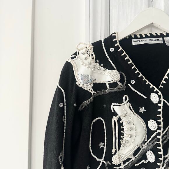 Michael Simon Black Embellished Beaded White Ice Skates Button Cardigan Medium - Picture 2 of 14